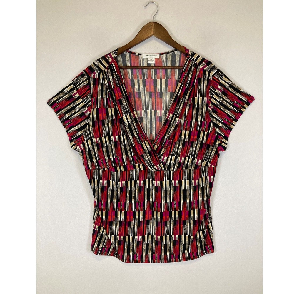 Geometric Abstract Liz Claiborne Woman 3X Red Pink V-Neck Wrap Front Blouse Top